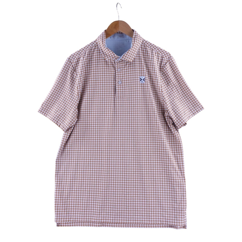 Good Good Golf Mens Large Houndstooth Performance Polo Shirt Tan White